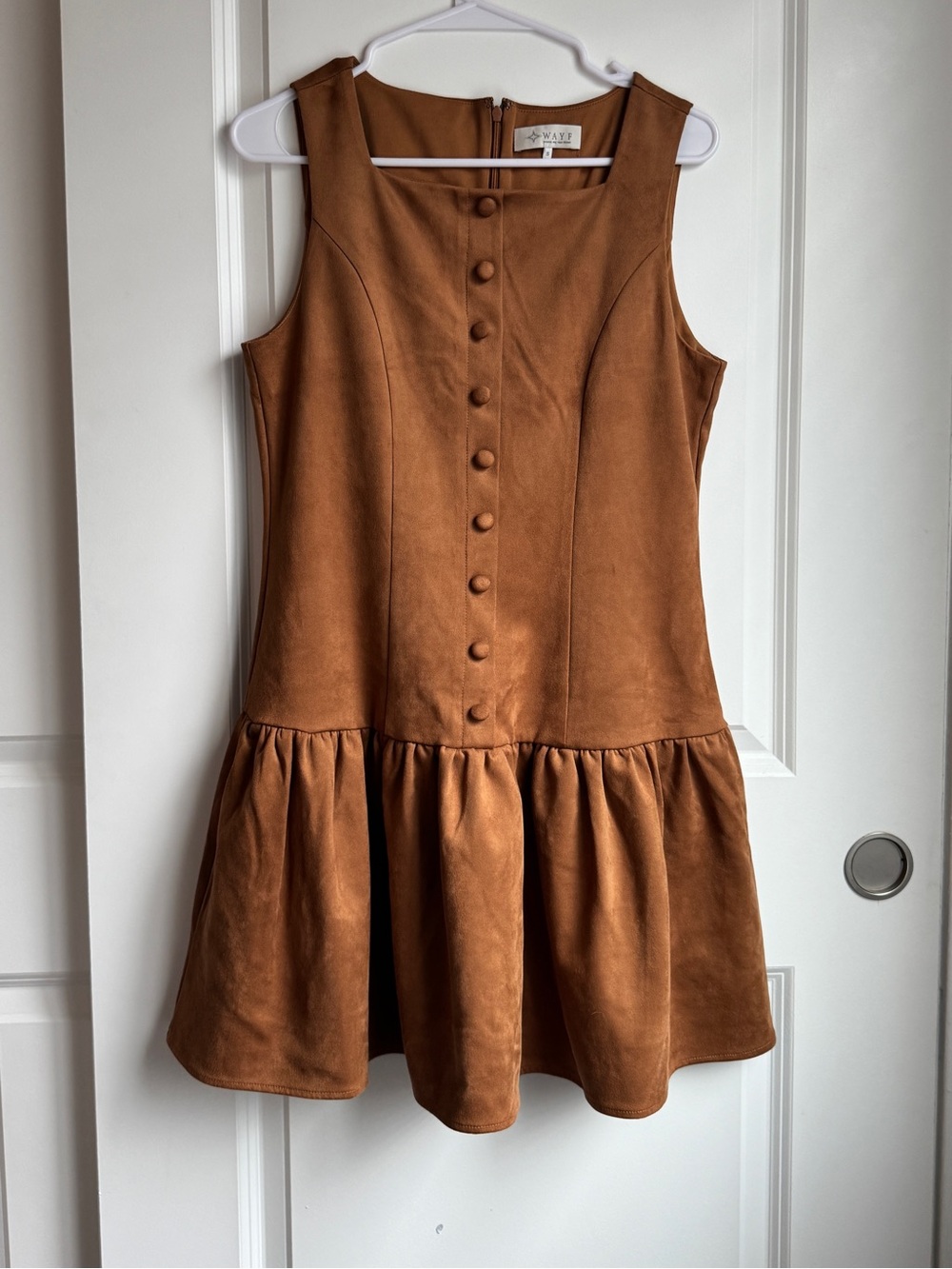 Wayf brown suede sleeveless drop waist mini dress with button details size